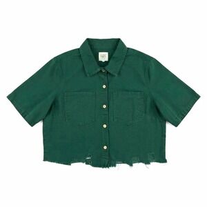 Almost Famous Women's 2X Green Short Sleeve Button Up Shirt Cotton Twill Pockets